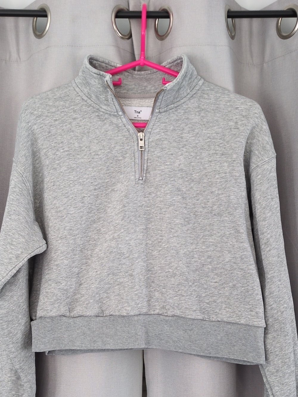 TNA Cropped Grey Quarter-Zip Pullover Sweatshirt